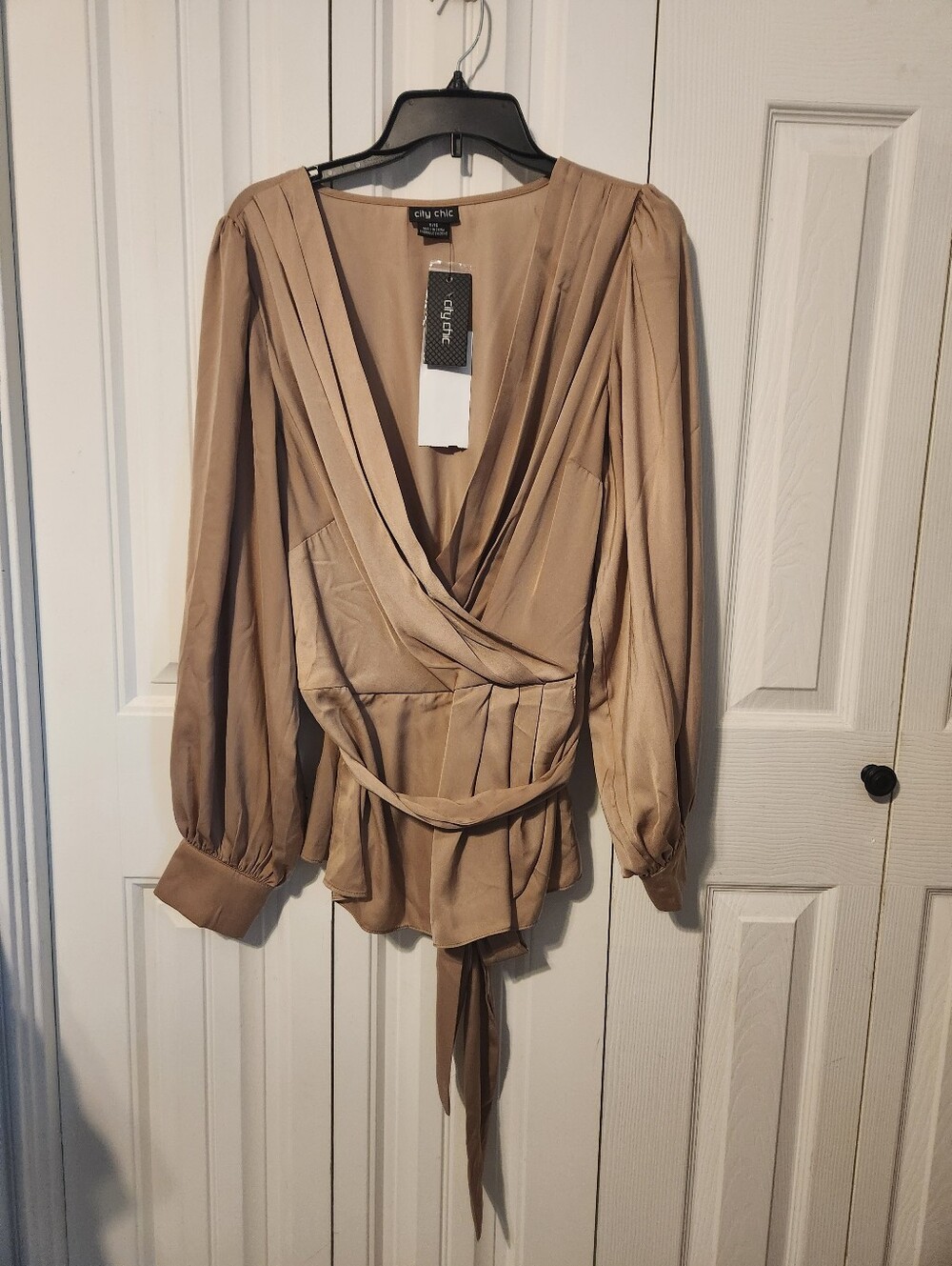 City Chic Neutral Taupe Wrap Blouse with Tie Waist